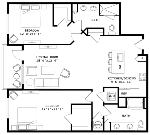 Floor plan for 2 beds, 2 baths, 1275 sqft